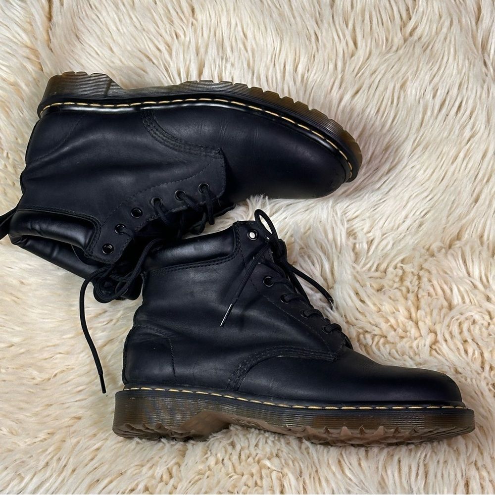 Dr. Martens Black Leather Lace-Up Ankle Boots With Yellow Stitching